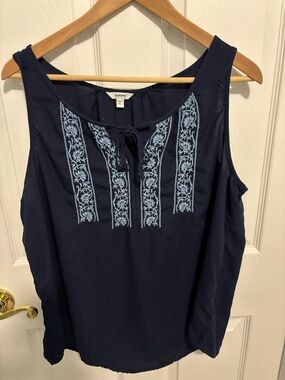 Sonoma Navy Tank Top with Light Blue Embroidery and Front Tie